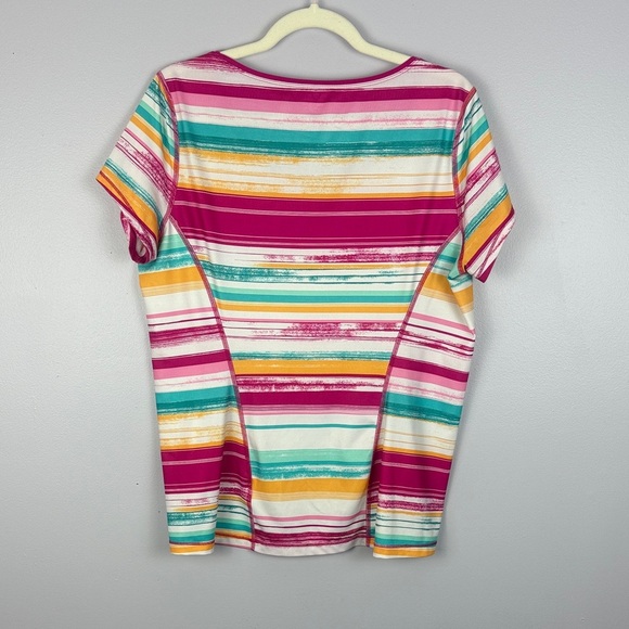 Land's End Sport Vibrant Colorful Pink Orange Teal Striped Short Sleeve Tee M - Picture 9 of 10